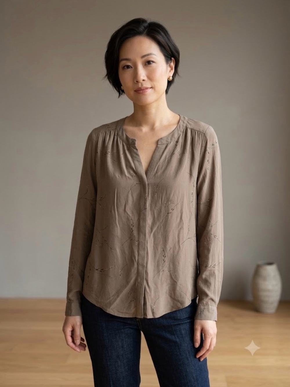 Babaton 100% Silk Taupe Button-Down Blouse with Subtle Branch Print